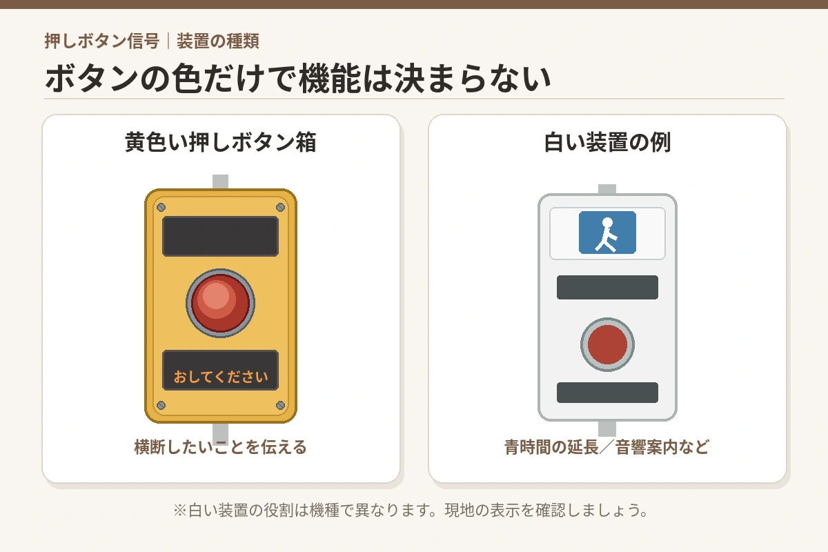 黄色い一般的な歩行者用押しボタンと、青時間の延長や音響案内に使われる白い装置の比較図
