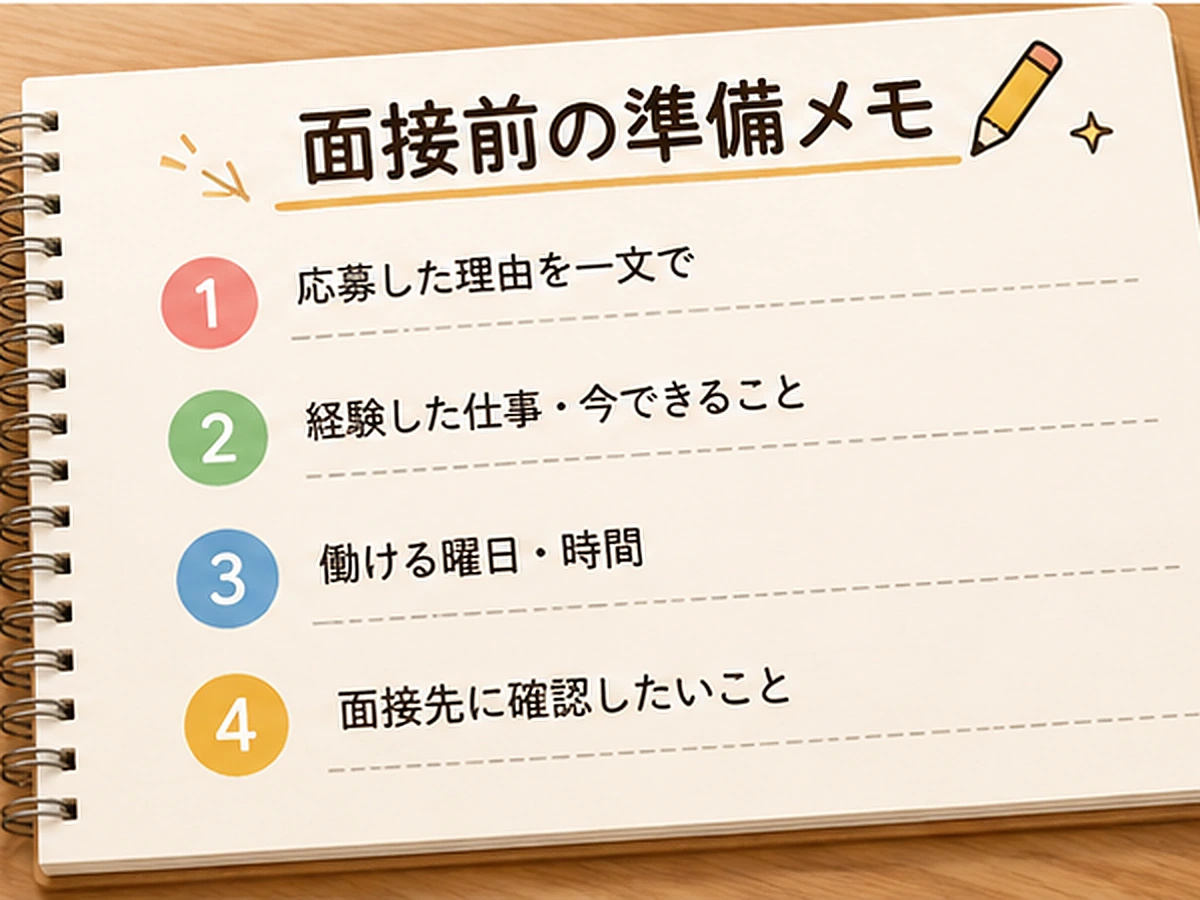 応募理由、仕事の経験、働ける曜日と時間、面接先への確認事項をまとめた準備メモのイメージ