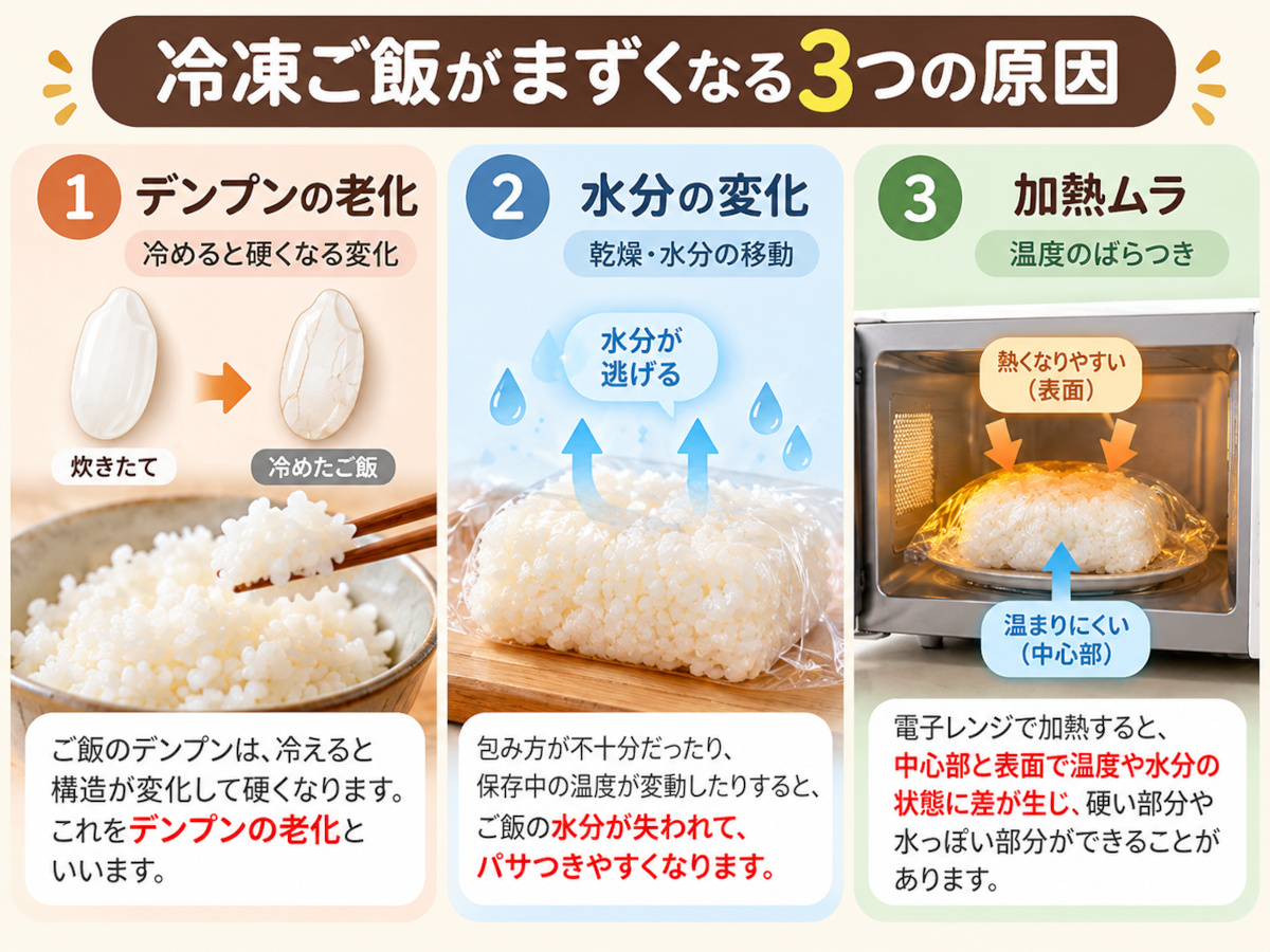 冷凍ご飯の食感が悪くなる3つの要因、デンプンの老化・水分の変化・電子レンジの加熱ムラを説明する図解