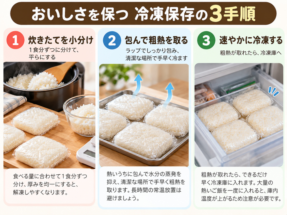 炊きたてご飯を1食分ずつ包み、手早く粗熱を取って冷凍する3つの手順