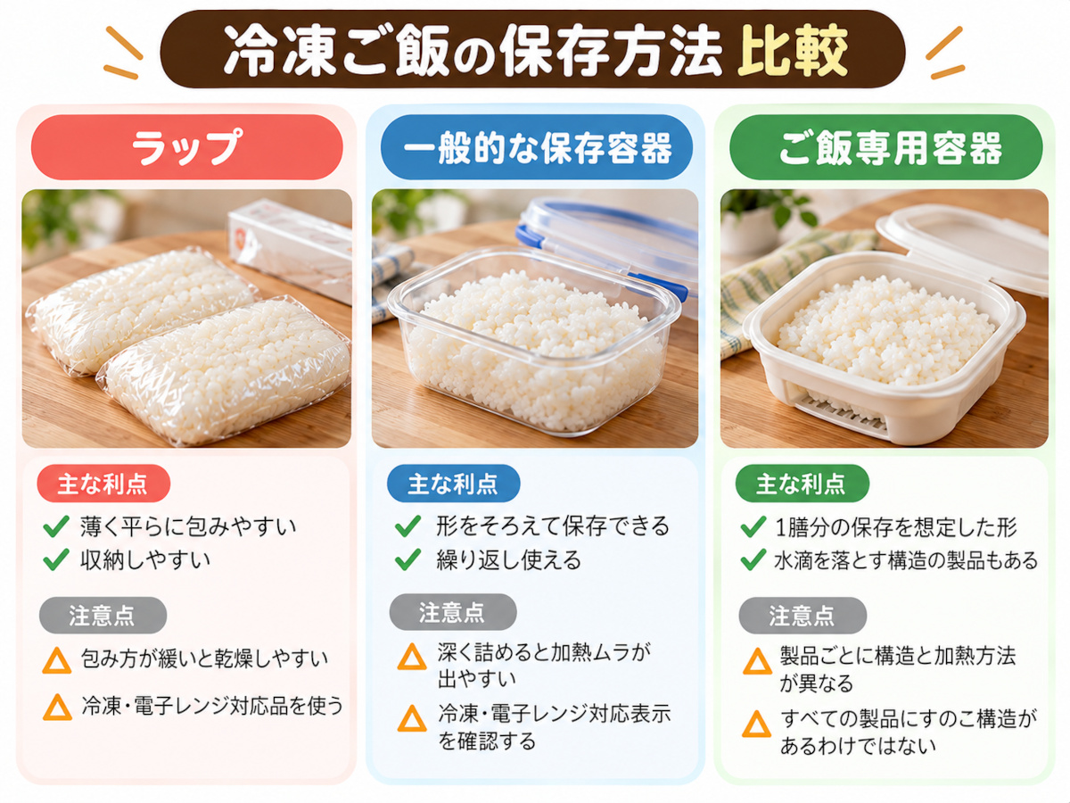 冷凍ご飯の保存方法として、ラップ・一般的な保存容器・ご飯専用容器の利点と注意点を比較した図解