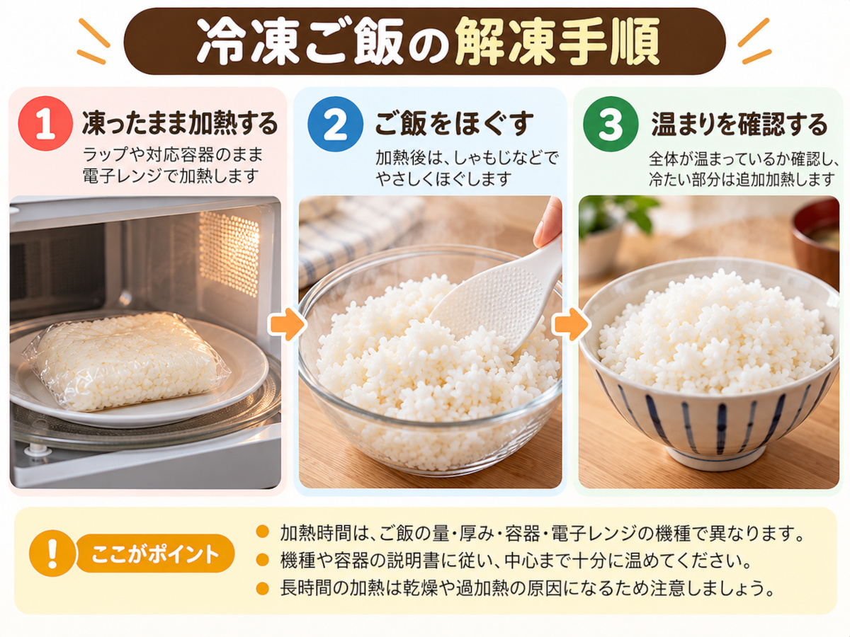 冷凍ご飯を電子レンジで温め、しゃもじでほぐし、温まり具合を確認する3つの手順